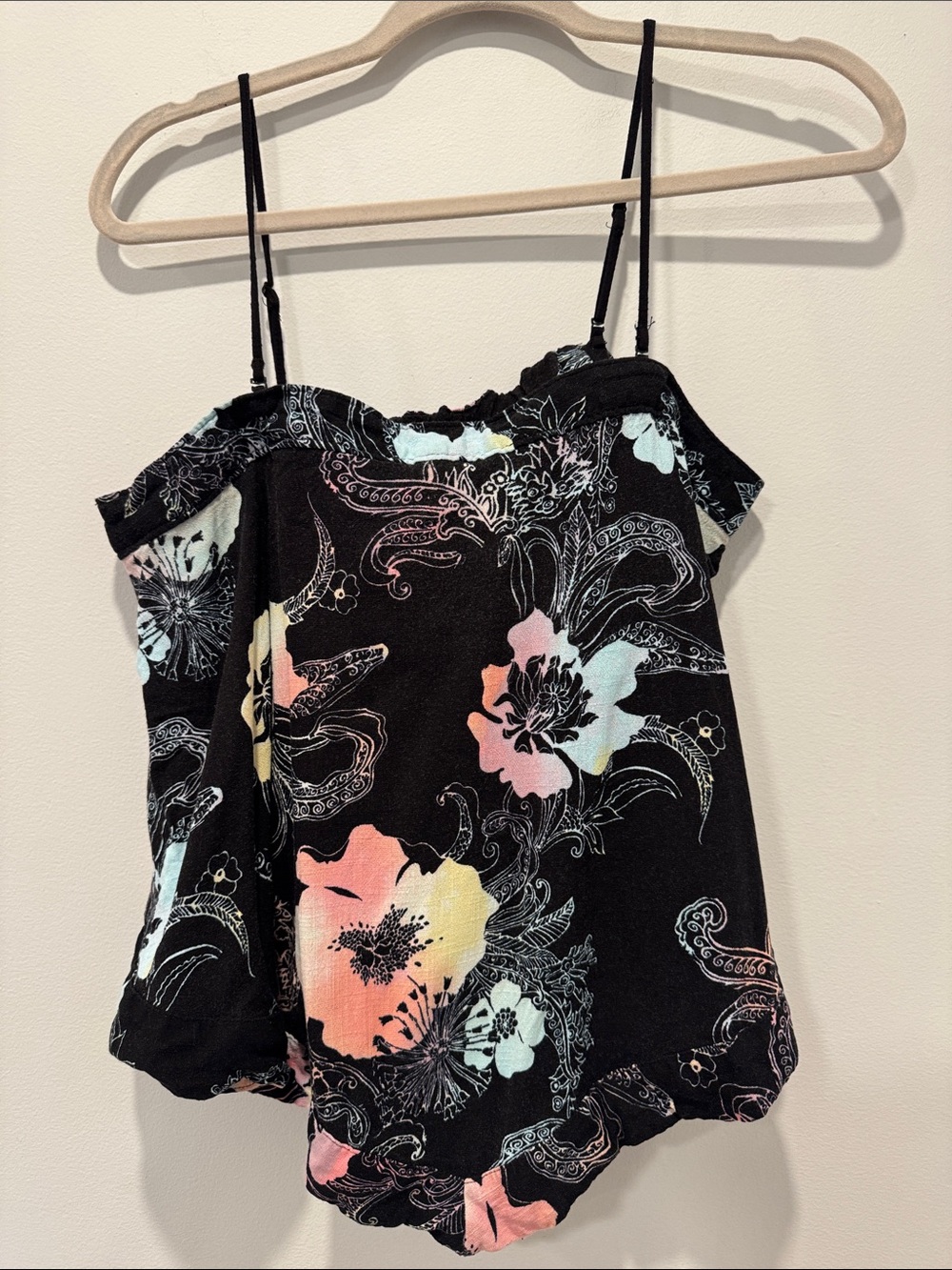 Free People Black Floral Off-Shoulder Cami with Pastel Accents